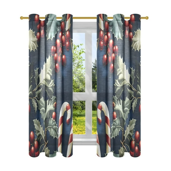 Sheer Curtains 2 Panels Set Grommet Drapes Window Treatments Light Filtering for Bedroom Living Room W42 x L63 Holly Leaves Berries Candy Canes