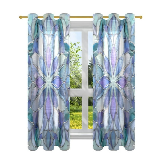 Sheer Curtains 2 Panels Set Grommet Drapes Window Treatments Light Filtering for Bedroom Living Room W42 x L63 Purple Blue Floral Stained Glass
