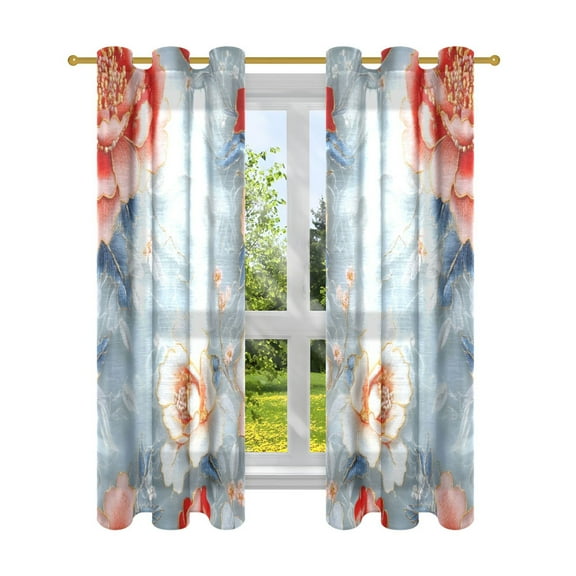 Sheer Curtains 2 Panels Set Grommet Drapes Window Treatments Light Filtering for Bedroom Living Room W42 x L63 Red White Flower Embroidery