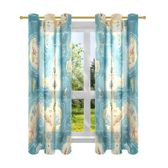 Sheer Curtains 2 Panels Set Grommet Drapes Window Treatments Light Filtering for Bedroom Living Room W42 x L63 Sea Islands Fish Seaweed
