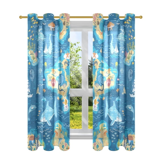 Sheer Curtains 2 Panels Set Grommet Drapes Window Treatments Light Filtering for Bedroom Living Room W42 x L63 Sea Islands Fish Ship