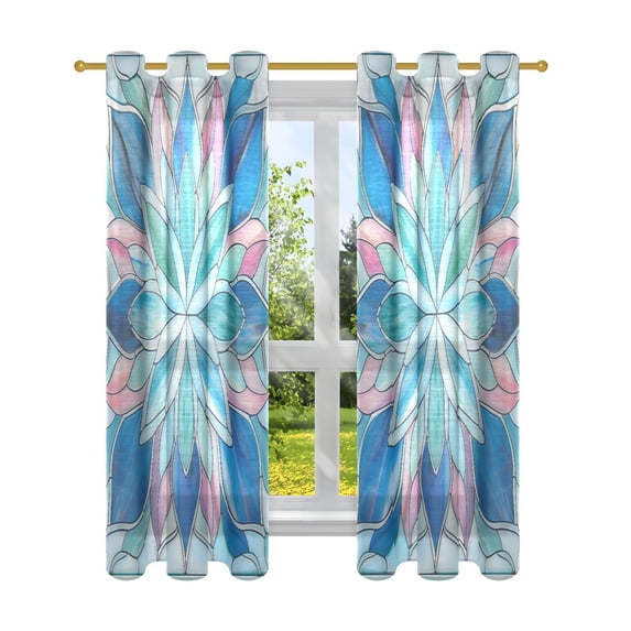 Sheer Curtains 2 Panels Set Grommet Drapes Window Treatments Light Filtering for Bedroom Living Room W52 x L63 Blue Pink Floral Stained Glass