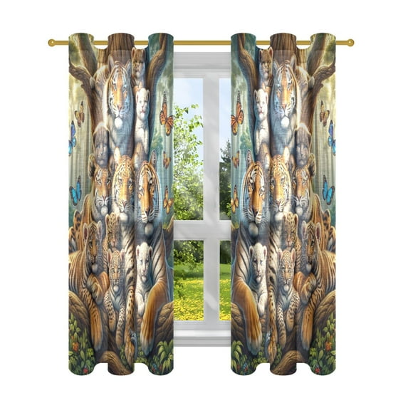 Sheer Curtains 2 Panels Set Grommet Drapes Window Treatments Light Filtering for Bedroom Living Room W52 x L63 Family Tigers and Leopards