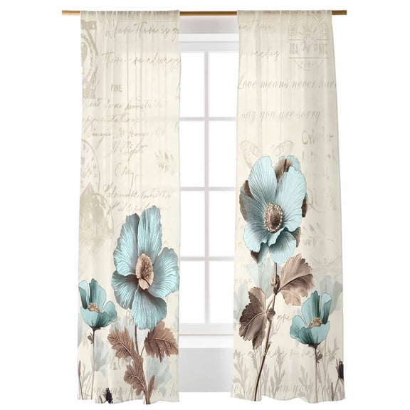 Sheer Curtains 2 Panels Set, Mallow Butterfly Blue Floral Flower Vintage Background Window Sheer Curtains for Living Room/Bedroom, Light Filtering Rod Pocket Voile Drapes, 52" W x 96" L