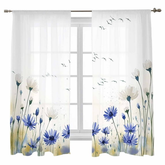 Sheer Curtains 2 Panels Set, Purple Flower Watercolor White Flowers Bird Country Window Sheer Curtains for Living Room/Bedroom, Light Filtering Rod Pocket Voile Drapes, 52" W x 63" L