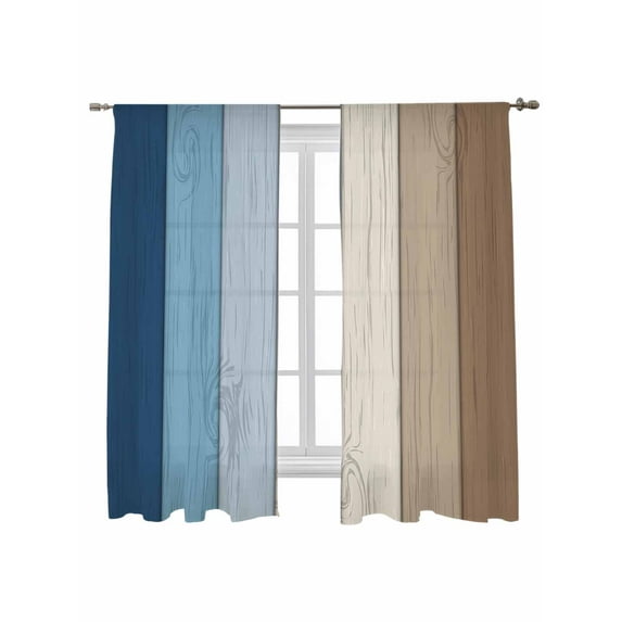 Sheer Curtains 2 Panels Set, Retro Farmhouse Blue and Brown Ombre Wood Grain Window Sheer Curtains for Living Room/Bedroom, Light Filtering Rod Pocket Voile Drapes, 52" W x 63" L