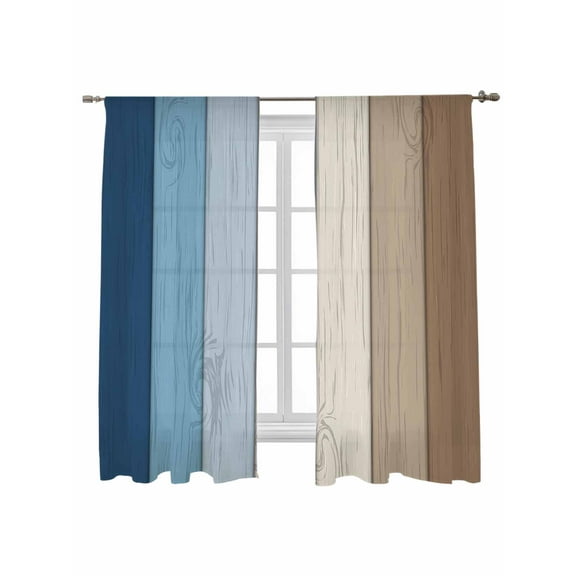 Sheer Curtains 2 Panels Set, Retro Farmhouse Blue and Brown Ombre Wood Grain Window Sheer Curtains for Living Room/Bedroom, Light Filtering Rod Pocket Voile Drapes, 52" W x 63" L