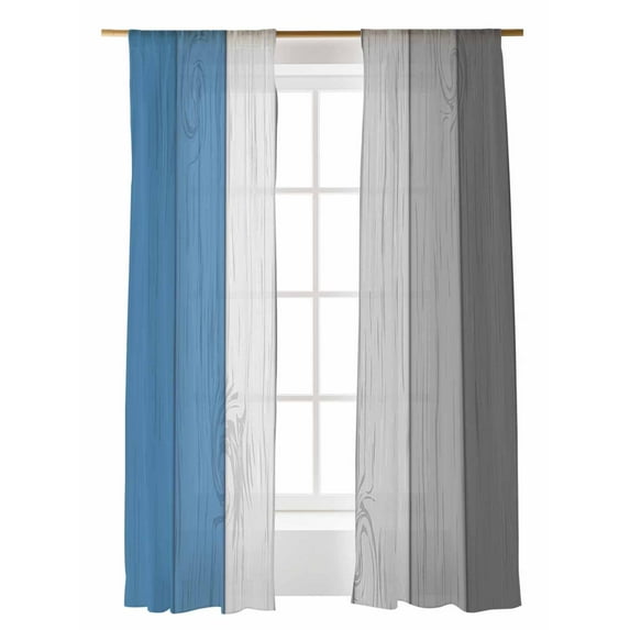 Sheer Curtains 2 Panels Set, Retro Farmhouse Blue and Gray Ombre Wood Grain Window Sheer Curtains for Living Room/Bedroom, Light Filtering Rod Pocket Voile Drapes, 52" W x 84" L