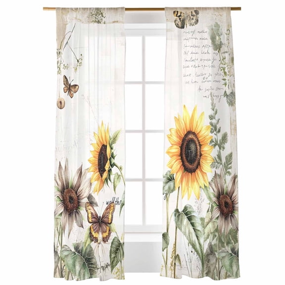 Sheer Curtains 2 Panels Set, Sunflower Butterfly Vintage Background Window Sheer Curtains for Living Room/Bedroom, Light Filtering Rod Pocket Voile Drapes, 52" W x 108" L