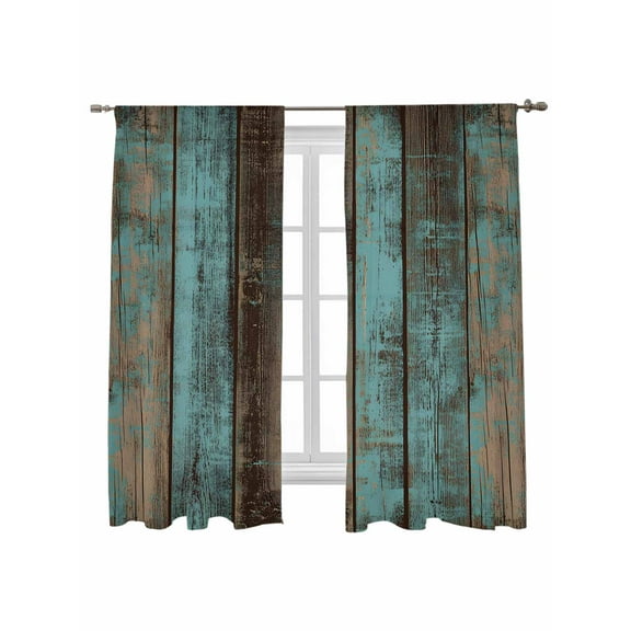 Sheer Curtains 2 Panels Set, Teal Wood Grain Farmhouse Board Retro Vintage Strip Window Sheer Curtains for Living Room/Bedroom, Light Filtering Rod Pocket Voile Drapes, 52" W x 72" L