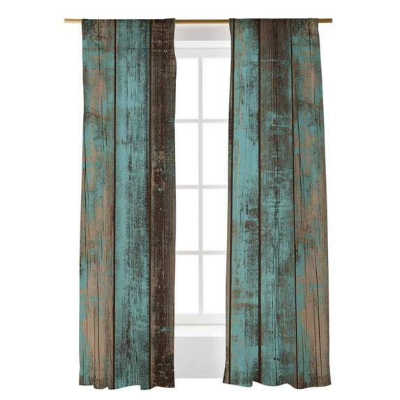 Sheer Curtains 2 Panels Set, Teal Wood Grain Farmhouse Board Retro Vintage Strip Window Sheer Curtains for Living Room/Bedroom, Light Filtering Rod Pocket Voile Drapes, 52" W x 96" L