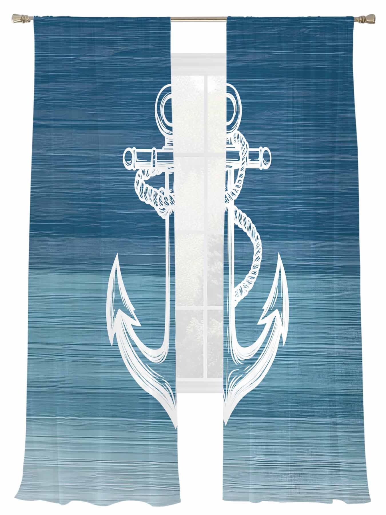 Sheer Curtains 2 Panels Set White Anchor Blue Ocean Gradient Nautical ...