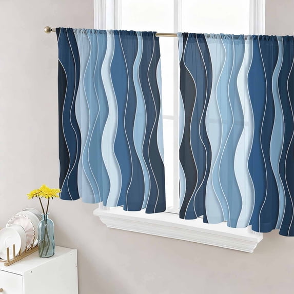 Sheer Curtains 45 Inch Length 2 Panels Set for Kitchen, Abstract Blue Moire Semi Sheer Curtains for Windows, Gradient Coastal Ocean Geometric Waves Voile Window Treatments Rod Pocket Curtain
