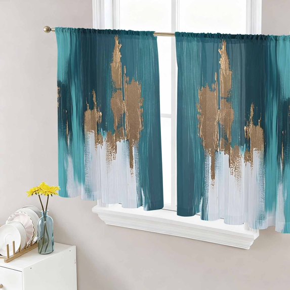 Sheer Curtains 45 Inch Length 2 Panels Set for Kitchen, Abstract Teal Green Semi Sheer Curtains for Windows, White Gold Textured Art Voile Window Treatments Rod Pocket Curtain