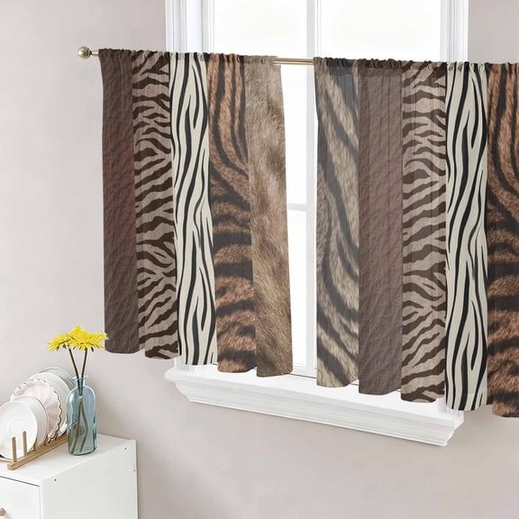 Sheer Curtains 45 Inch Length 2 Panels Set for Kitchen, Animals Printed Striped Semi Sheer Curtains for Windows, Rustic Country Zebra Textured Voile Window Treatments Rod Pocket Curtain