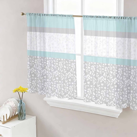 Sheer Curtains 45 Inch Length 2 Panels Set for Kitchen, Aqua Grey Semi Sheer Curtains for Windows, Chic Garden Floral Stripe Embroidery Design Voile Window Treatments Rod Pocket Curtain