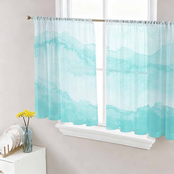 Sheer Curtains 45 Inch Length 2 Panels Set for Kitchen, Aqua Ombre Mountain Semi Sheer Curtains for Windows, Nature Abstract Art Marble Gradient Voile Window Treatments Rod Pocket Curtain