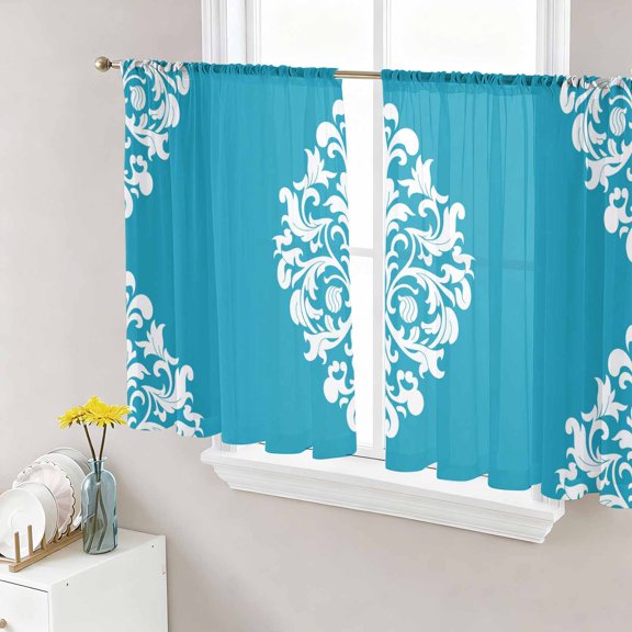 Sheer Curtains 45 Inch Length 2 Panels Set for Kitchen, Baroque Blue Semi Sheer Curtains for Windows, Vintage Damask Classic Floral Voile Window Treatments Rod Pocket Curtain