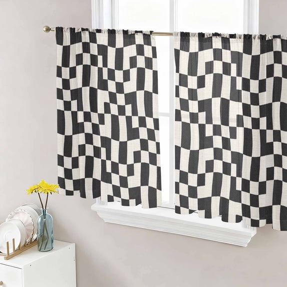 Sheer Curtains 45 Inch Length 2 Panels Set for Kitchen, Black Checkered Semi Sheer Curtains for Windows, Plaid Vintage Abstract Art Rustic Voile Window Treatments Rod Pocket Curtain