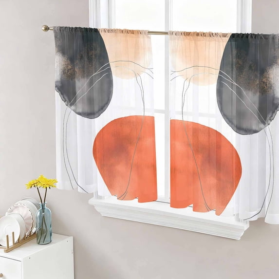 Sheer Curtains 45 Inch Length 2 Panels Set for Kitchen, Black Orange Art Semi Sheer Curtains for Windows, Geometric Modern Abstract Art Voile Window Treatments Rod Pocket Curtain