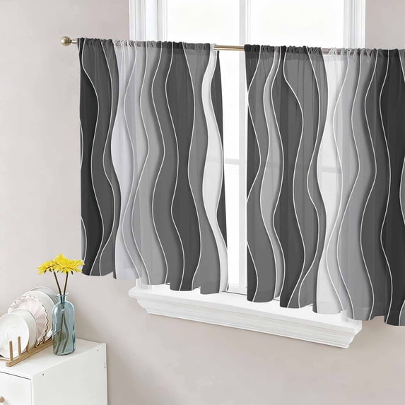 Sheer Curtains 45 Inch Length 2 Panels Set for Kitchen, Black Stripes Semi Sheer Curtains for Windows, Modern Simple Greyish Gradient Lines Voile Window Treatments Rod Pocket Curtain