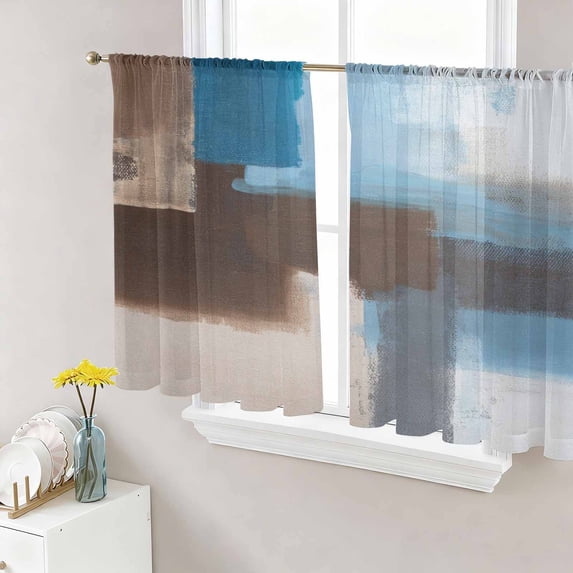 Sheer Curtains 45 Inch Length 2 Panels Set for Kitchen, Blue Brown Semi Sheer Curtains for Windows, Ombre Abstract Street Art Mottled Texture Voile Window Treatments Rod Pocket Curtain