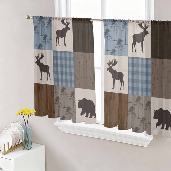 Sheer Curtains 45 Inch Length 2 Panels Set for Kitchen, Blue Checkered Cabin Semi Sheer Curtains for Windows, Farmhouse Forest Brown Buffalo Plaid Voile Window Treatments Rod Pocket Curtain