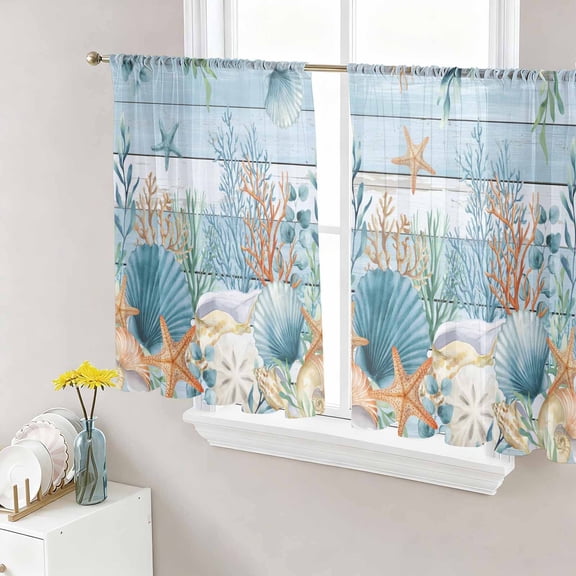 Sheer Curtains 45 Inch Length 2 Panels Set for Kitchen, Blue Coastal Semi Sheer Curtains for Windows, Summer Beach Starfish Shell Coral Nautical Voile Window Treatments Rod Pocket Curtain