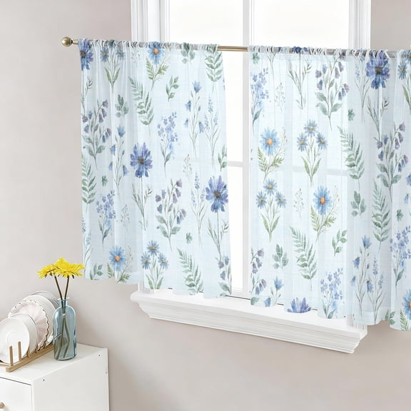 Sheer Curtains 45 Inch Length 2 Panels Set for Kitchen, Blue Floral Spring Semi Sheer Curtains for Windows, Blue Farmhouse Green Botanical Chic Voile Window Treatments Rod Pocket Curtain