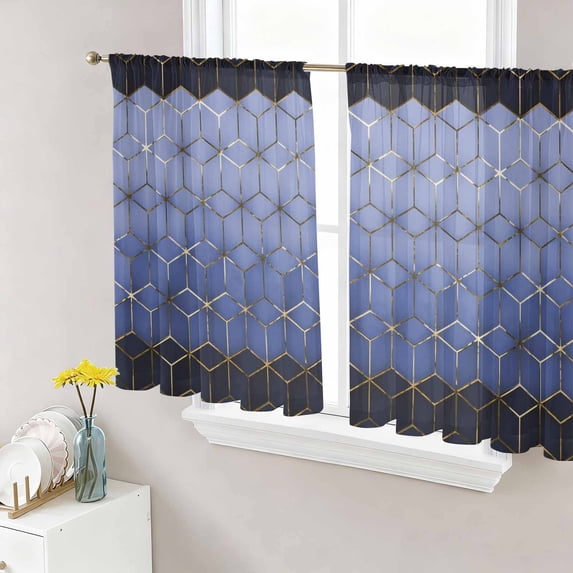 Sheer Curtains 45 Inch Length 2 Panels Set for Kitchen, Blue Geometric Semi Sheer Curtains for Windows, Ombre Modern Abstract Art Voile Window Treatments Rod Pocket Curtain