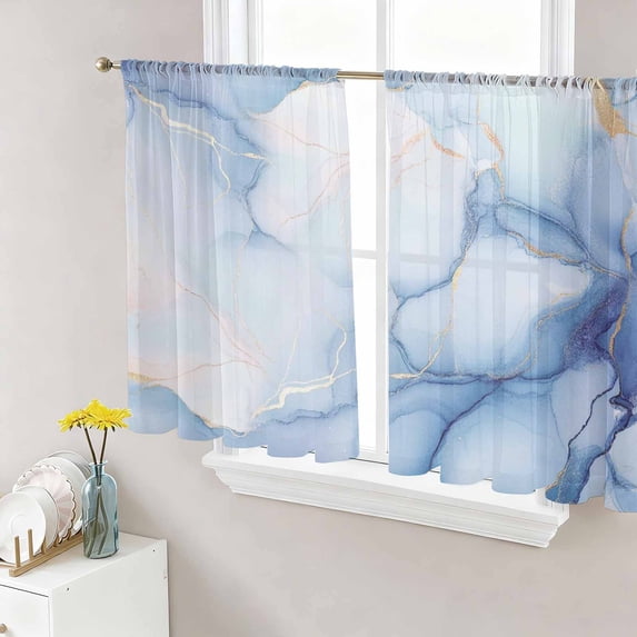 Sheer Curtains 45 Inch Length 2 Panels Set for Kitchen, Blue Marble Semi Sheer Curtains for Windows, Gradual Modern Abstract Art Voile Window Treatments Rod Pocket Curtain