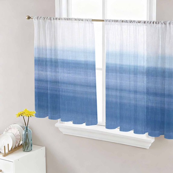 Sheer Curtains 45 Inch Length 2 Panels Set for Kitchen, Blue White Ombre Semi Sheer Curtains for Windows, Modern Abstract Striped Lines Art Voile Window Treatments Rod Pocket Curtain