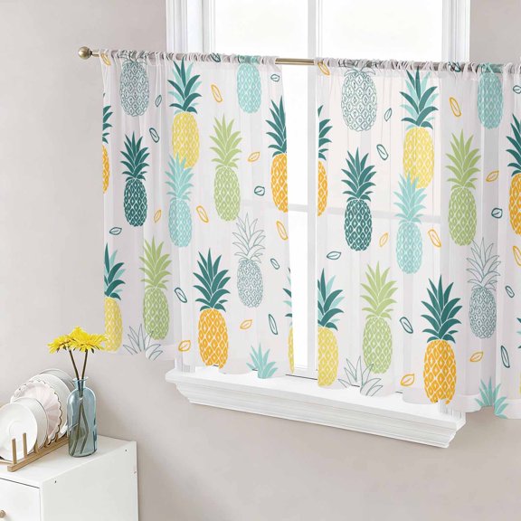 Sheer Curtains 45 Inch Length 2 Panels Set for Kitchen, Blue Yellow Pineapple Semi Sheer Curtains for Windows, Farmhouse Summer Botanical Watercolor Voile Window Treatments Rod Pocket Curtain