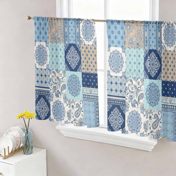 Sheer Curtains 45 Inch Length 2 Panels Set for Kitchen, Bohemia Floral Semi Sheer Curtains for Windows, Retro Mediterranean Texture Patchwork Blue Voile Window Treatments Rod Pocket Curtain