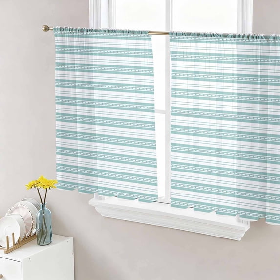 Sheer Curtains 45 Inch Length 2 Panels Set for Kitchen, Boho Turquoise Stripe Semi Sheer Curtains for Windows, Abstract Geometric White Minimalist Voile Window Treatments Rod Pocket Curtain