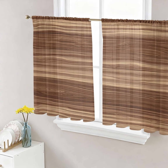 Sheer Curtains 45 Inch Length 2 Panels Set for Kitchen, Brown Western Semi Sheer Curtains for Windows, Vintage Farmhouse Wood Barn Door Voile Window Treatments Rod Pocket Curtain