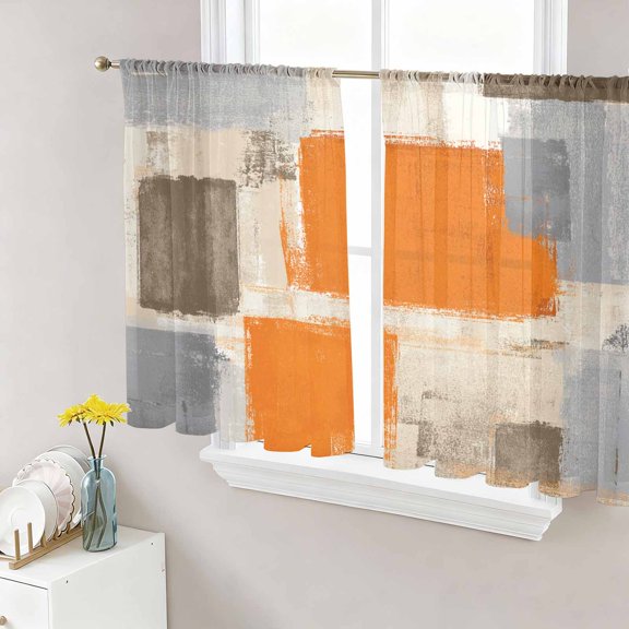 Sheer Curtains 45 Inch Length 2 Panels Set for Kitchen, Burnt Orange Grey Semi Sheer Curtains for Windows, Abstract Modern Oil Painted Geometric Voile Window Treatments Rod Pocket Curtain