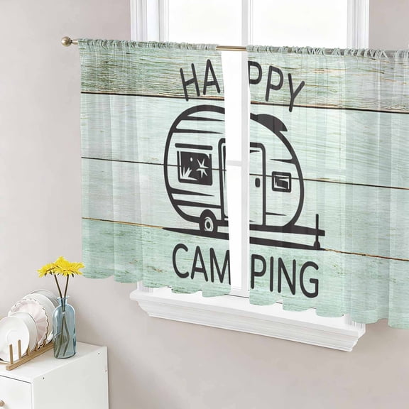 Sheer Curtains 45 Inch Length 2 Panels Set for Kitchen, Camping Car Semi Sheer Curtains for Windows, Farmhouse Cabin Retro Green Wooden Grain Voile Window Treatments Rod Pocket Curtain