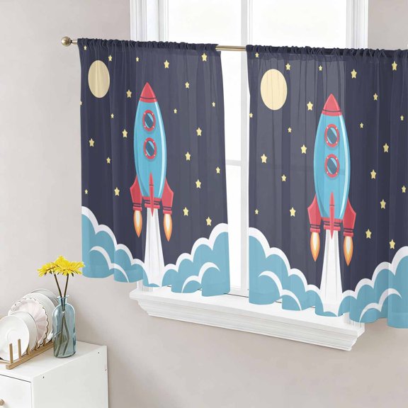 Sheer Curtains 45 Inch Length 2 Panels Set for Kitchen, Cartoon Rocket Semi Sheer Curtains for Windows, Chic Cute Funny Stars Moon Sky Clouds Voile Window Treatments Rod Pocket Curtain