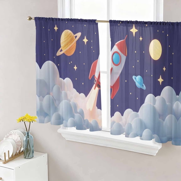 Sheer Curtains 45 Inch Length 2 Panels Set for Kitchen, Cartoon Rocket Semi Sheer Curtains for Windows, Funny Space Planet Blue Starry Sky Cloudy Voile Window Treatments Rod Pocket Curtain