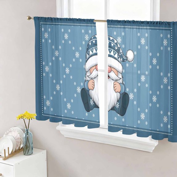 Sheer Curtains 45 Inch Length 2 Panels Set for Kitchen, Christmas Gnomes Semi Sheer Curtains for Windows, Winter Xmas Snowflakes Textured Blue Voile Window Treatments Rod Pocket Curtain