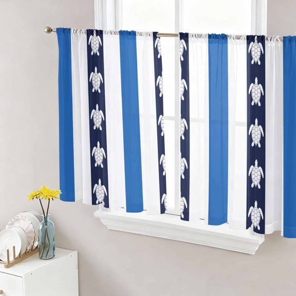 Sheer Curtains 45 Inch Length 2 Panels Set for Kitchen, Coastal Turtle Semi Sheer Curtains for Windows, Blue Stripe Navy White Geometric Ocean Voile Window Treatments Rod Pocket Curtain