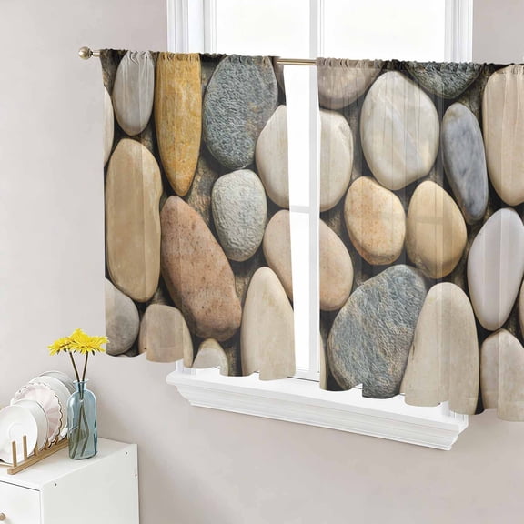 Sheer Curtains 45 Inch Length 2 Panels Set for Kitchen, Cobblestones Semi Sheer Curtains for Windows, Gravel Rock Natural Stones Pattern Art Voile Window Treatments Rod Pocket Curtain