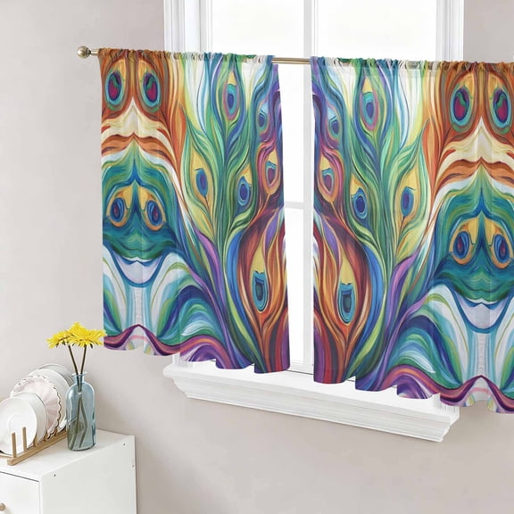 Sheer Curtains 45 Inch Length 2 Panels Set for Kitchen, Colorful Peacock Feathers Semi Sheer Curtains for Windows, Oil Painting Abstract Art Voile Window Treatments Rod Pocket Curtain