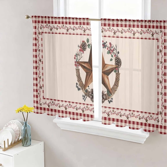 Sheer Curtains 45 Inch Length 2 Panels Set for Kitchen, Country Star Plaid Semi Sheer Curtains for Windows, Retro Western Farmhouse Barn Berry Voile Window Treatments Rod Pocket Curtain