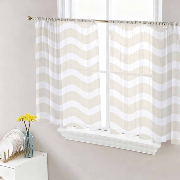 Sheer Curtains 45 Inch Length 2 Panels Set for Kitchen, Cream Moire Semi Sheer Curtains for Windows, Water Ripple Stripe Farmhouse Voile Window Treatments Rod Pocket Curtain