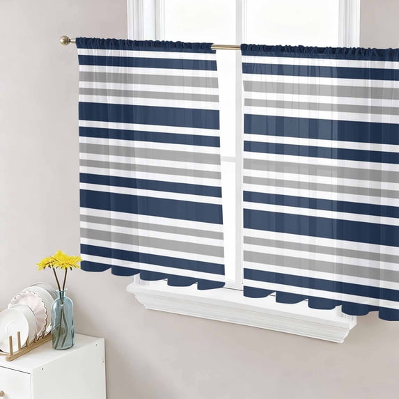 Sheer Curtains 45 Inch Length 2 Panels Set for Kitchen, Dark Blue Gray Semi Sheer Curtains for Windows, Horizontal Stripe Minimalist Geometric Voile Window Treatments Rod Pocket Curtain