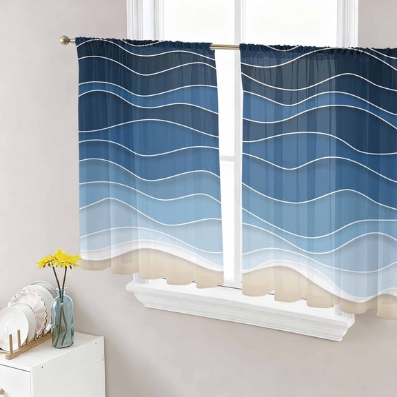 Sheer Curtains 45 Inch Length 2 Panels Set for Kitchen, Dark Blue Waves Semi Sheer Curtains for Windows, Modern Minimalism Ombre Sea Waves Voile Window Treatments Rod Pocket Curtain