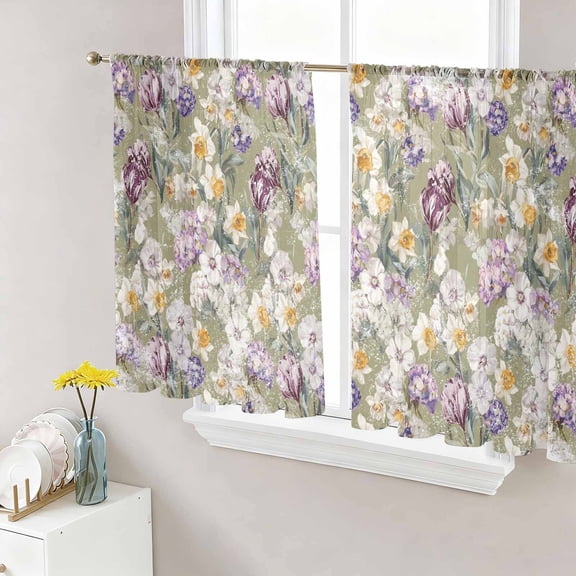 Sheer Curtains 45 Inch Length 2 Panels Set for Kitchen, Dark Sage Green Botanical Semi Sheer Curtains for Windows, Spring Floral Summer Botanical Retro Voile Window Treatments Rod Pocket Curtain
