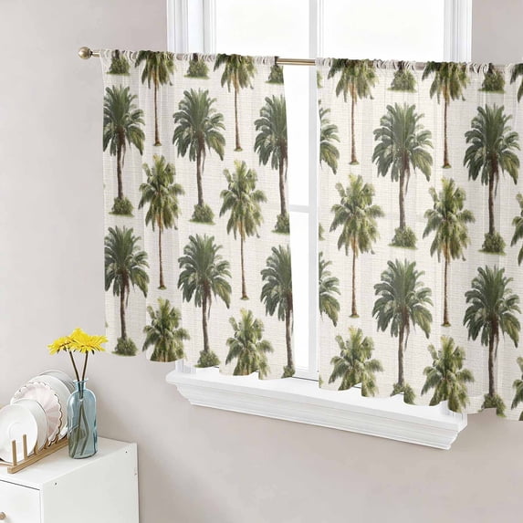 Sheer Curtains 45 Inch Length 2 Panels Set for Kitchen, Date Palm Trees Semi Sheer Curtains for Windows, Retro Summer Tropical Trees Plants Beige Voile Window Treatments Rod Pocket Curtain